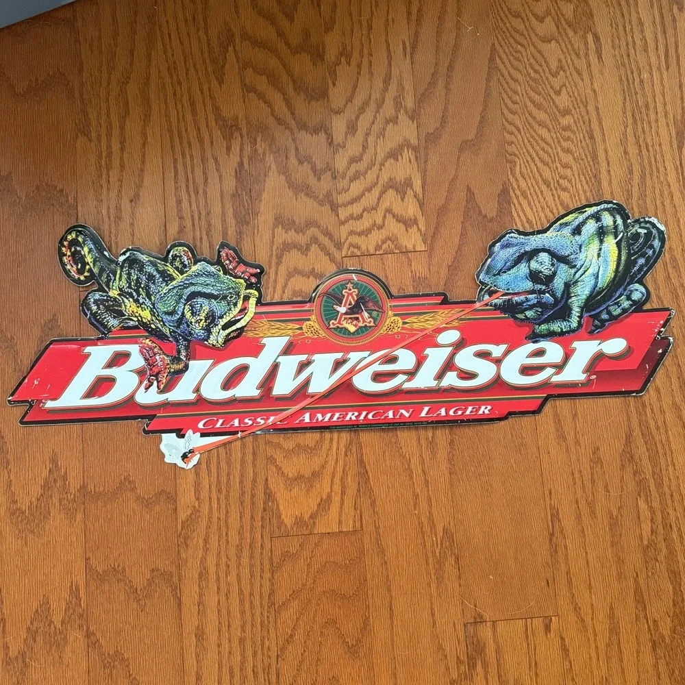 VINTAGE BUDWEISER LIZARDS FROG METAL SIGN 31 in X 9 in